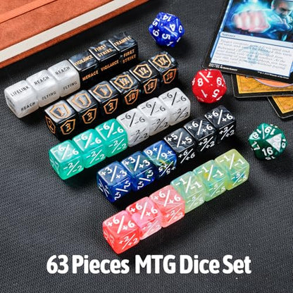 63 PCS MTG Dice Set with Shield Life Counter (1–12), Keyword Ability Counters, +1/-1 Stat Modifier Dice in 6 Colors, D20 & Storage Bag
