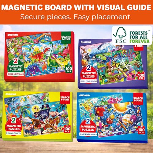 QUOKKA Magnetic Puzzles for Kids Ages 4-6 – 100 PCS Magnetic Puzzle Book for Toddlers 3-5 – 2 Puzzles & 2 Spot The Difference Maps – Search & Find Travel Games – Activity Book Bugs & Polar Animals - color: Bugs 100pcs