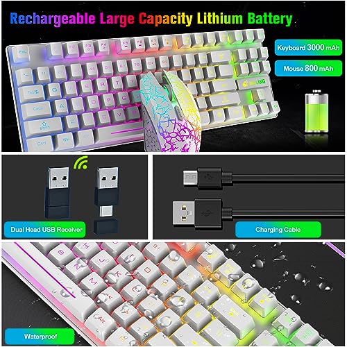 Wireless Membrane Gaming Keyboard and Mouse Set with 87Key Tenkeyless-White | Rainbow LED Backlight,Rechargeable 3800mAh Battery,Anti-ghosting,Ergonomic,Waterproof,RGB Mute Mice for Computer PC Mac Gamer - color: White