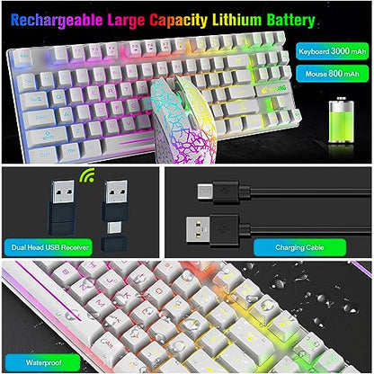 Wireless Membrane Gaming Keyboard and Mouse Set with 87Key Tenkeyless-White | Rainbow LED Backlight,Rechargeable 3800mAh Battery,Anti-ghosting,Ergonomic,Waterproof,RGB Mute Mice for Computer PC Mac Gamer - color: White