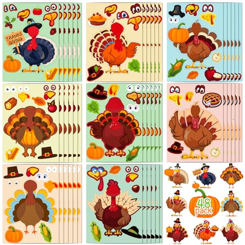 48 Sheets Thanksgiving Stickers for Kids Bulk Cute Holiday Stickers Funny DIY Crafts Activities Party Favors Game Gifts for Boys Girls - style: Thanksgiving