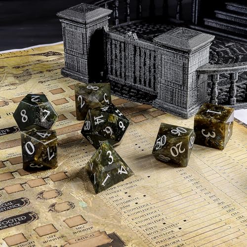 LUCKY-M Labradorite Gemstone DND Dice Set, 7 PCS Dungeons and Dragons Dice with Case for RPG, Unique Stone Dice Set D&D D4 D6 D8 D10 D00 D12 D20(LD-Silver) - color: Ld-silver