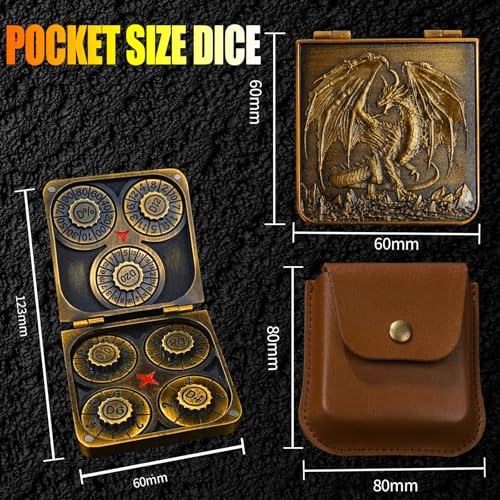 Metal DND Dice Set 7-in-1 D4-D20 3D Dragon Case Leather Bag Golden | 7 in 1 metal polyhedral dice. D4-D20 dnd spinner. 3D dragon case. Leather storage bag. Zinc alloy. DND RPG TTRPG gift. - color: Retro Golden