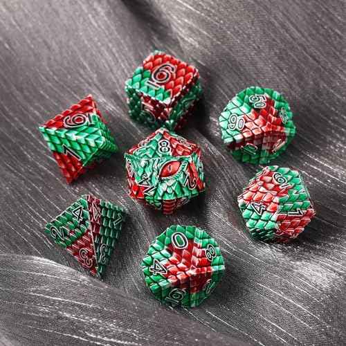 Dragon Eye Metal Dice Set - 7 Pcs Dragon Scale Metallic D&D Dice, Gift Box for Dungeons and Dragons Tabletop Game (Red, Green Dragon Scale & Red Eye) - color: Red Green Dragon Scale & Red Eye