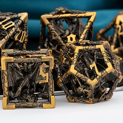 ARUOHHA Hollow DND Dice Set Antique Gold 5-Headed Dragons D and D Dice with Gift Box, Role Playing Games 7PCS RPG Metal Dungeons Polyhedral Dice D20 D12 D10 D8 D6 D4 - color: Ancient Gold-02