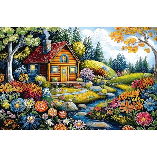 500 Piece Jigsaw Puzzle for Adults Lake House Autumn Scenery Art Illustration Fun Challenge Family Game, Unique Gift for Puzzle Lovers, 23x15 Inch - color: Lakeside Cottage, size: 23" X 15"