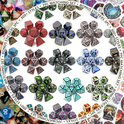 Haxtec Mystery Metal DND Dice Set 7pcs Polyhedral Dice + 3 Funny Waterproof Stickers, Metal Dice for Dungeons & Dragons, Chance to Win Hollow Metal Dice, Great DND Gift, No Duplicates in 2/5 Packs - style: Metallic
