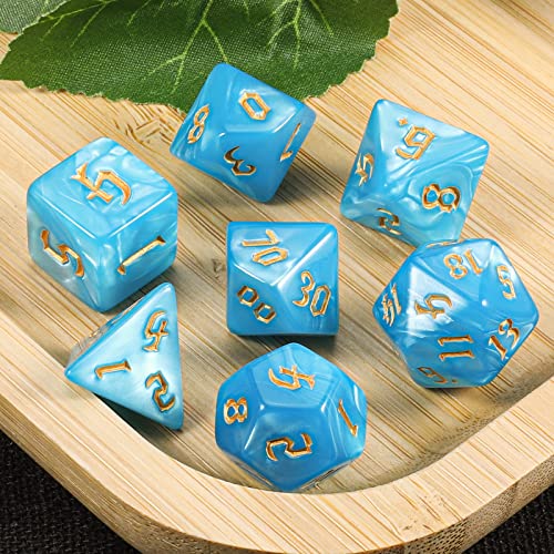 CiaraQ 7pcs Polyhedral Dice Set for Dungeon and Dragons MTG Table Games | Acrylic Role Playing Dice for D&D with Black Velvet Bag – Blue with Gold Numbers - color: Blue With Gold Numbers