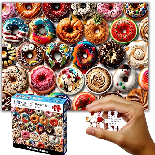 Think2Master Donuts 250 Pieces Jigsaw Puzzle. Perfect White Elephant Gag Gift. Fun Puzzle for Families. Great Gift for Adults and Teens. Size: 14.2” X 19.3” - style: Delicious Donuts