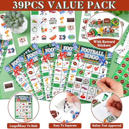 Lonfliness 39Pcs Football Bingo Game for Adults 24 Players American Football Bingo Game Cards with Reward Stickers for Family Friends Large Group Activities Sports Theme Birthday Party Favors - style: Football
