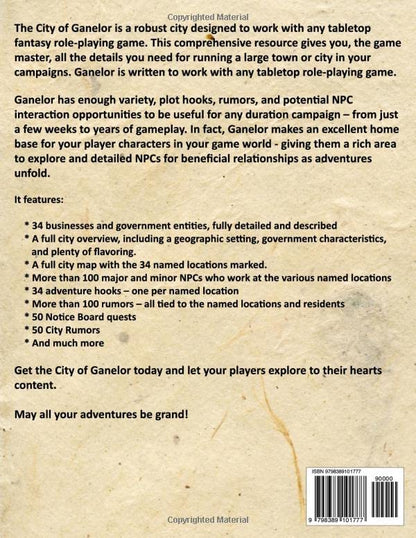 The City of Ganelor: A Comprehensive Drop-In Campaign Setting for any Fantasy Tabletop Role Playing Game (Game Master Campaign Settings)