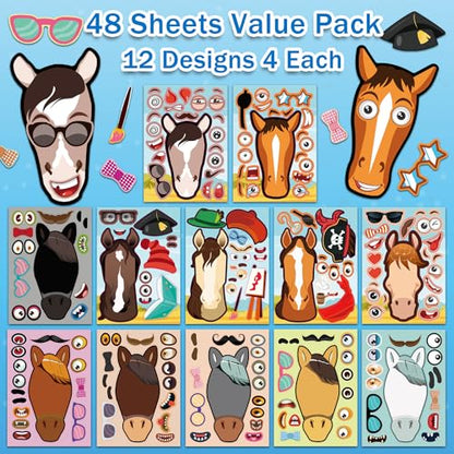 Aowplc 48 Pcs Make A Horse Sticker Sheets Mix and Match for Kids Horse Party Favors Supplies Birthday Gifts Activity Crafts - style: Horses