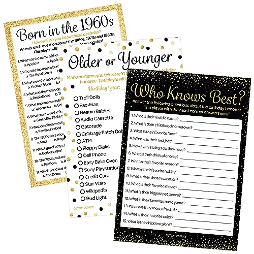 Black and Gold 60th Birthday Games Set, Born in the 1960s, 20 Guests | 5" x 7" Dual-Sided Cards, Who Knows Best, Older or Younger, and 1960s Trivia Games, Answer Keys Included