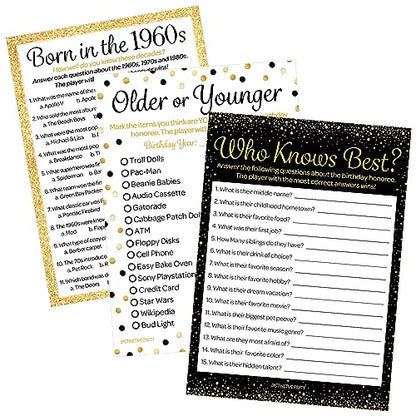 Black and Gold 60th Birthday Games Set, Born in the 1960s, 20 Guests | 5" x 7" Dual-Sided Cards, Who Knows Best, Older or Younger, and 1960s Trivia Games, Answer Keys Included