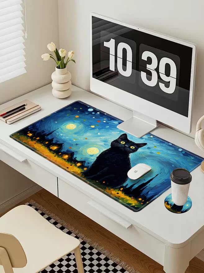 Large Mouse Pad Gaming Desk Mat Black Cat Mousepad XXL 31.5''X15.75'' Desk Pad Extended Mouse Mat of Girl Desktop Computer with Coaster - color: Sky Cat, size: 31.5''x15.75''