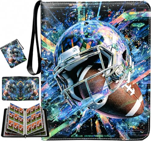 Football Card Binder with Sleeves, 9-Pocket Portable Card Protectors Album Holder Book with Zipper, Fits 900 Cards with 50 Removable Sleeves, Football Cards Display Storage Carrying Case - color: Football-01