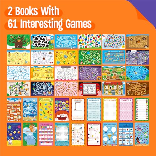 SpriteGru 2 Travel Game Pads, 61 Dry Erase Activities Games Reusable & Erasable Book, Fun Brain Challenge Games Interesting Educational Toy and Learning Tool for Road Trip Airplane Travel - style: Mazes & Fun Games