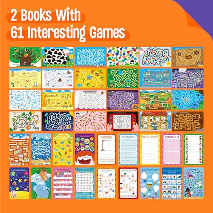 SpriteGru 2 Travel Game Pads, 61 Dry Erase Activities Games Reusable & Erasable Book, Fun Brain Challenge Games Interesting Educational Toy and Learning Tool for Road Trip Airplane Travel - style: Mazes & Fun Games