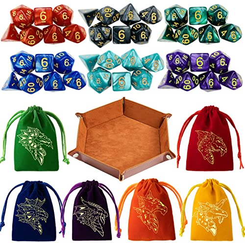DND Dice Set 42 Pcs Polyhedral Dungeons and Dragons Rolling Dice for D&D RPG MTG Table Games Dice Bulk with Colorful Drawstring Bags and Dice Tray (Single) - color: Single