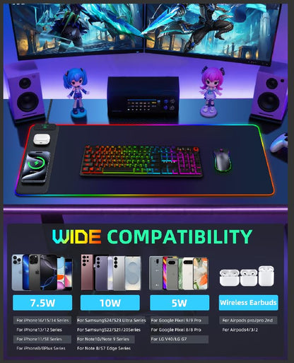 Mouse Pad with Wireless Charging, RGB Gaming Desk Mat, 31.5"x15.7" | Large XXL Desk Pad, 15 Light Modes, Ultra-Smooth Surface, Non-Slip Rubber Base, Waterproof Computer Keyboard Pad, Black - color: Black Rgb - 31.5"x15.8"