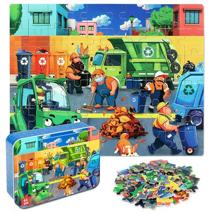 LELEMON Ocean Puzzles for Kids Ages 4-6,Recycling Garbage Truck 60 Piece Puzzles for Kids Ages 4-8,Children Jigsaw Puzzles in a Metal Box,Educational Learning Puzzle Toys for Girls and Boys - color: Recycling Garbage Truck