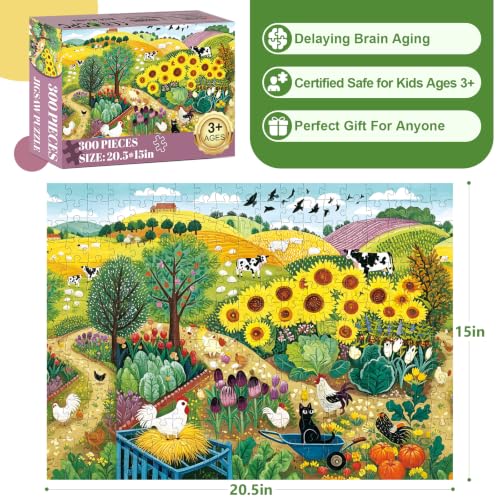 300 Piece Puzzles for Adults Kids,Large Piece Rural Farm Countryside Puzzle | Sunflower Animal Farm for Adult Kids,Birthday Holiday Party Gifts with Family,Jigsaw Puzzle with Letters on Back,20.5*15 in - color: Rural