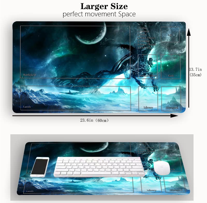 MTG Playmat, TCG Play Mat for RPG OCG 24 x 14 inches Trading Card Playmats with Storage Bag Smooth Rubber Surface Battle Game - color: Blue Dragon With Zones