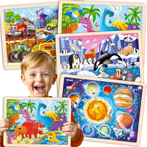 QUOKKA 4SET Puzzles for Kids Ages 4-6 - 36 Pcs Wooden Realistic Montessori Toddler Puzzles Ages 3-5 - Animals Dinosaurs Learning Games for Boys and Girls 4-8 Year Olds - color: Animals, Dinosaurs & Space