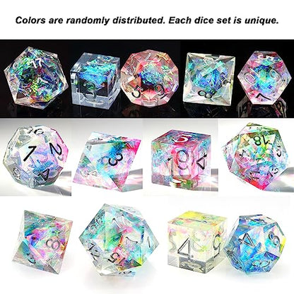 Haxtec Rainbow Sharp Edge Dice Set DND Dice with Iridescent Mylar Resin Dice Galaxy D&D Dice for RPG Role Playing Compatible with Dungeons and Dragons Gift - color: White Blue Red Yellow