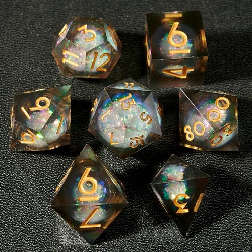 Polyhedral Dice Set 7-Piece, Sharp Edge Black and White Resin Iridecent Mylar Galaxy Dice for Dungeons Dragons D and D RPGs, MTG, Pathfinder and Board Games - color: Resin Black