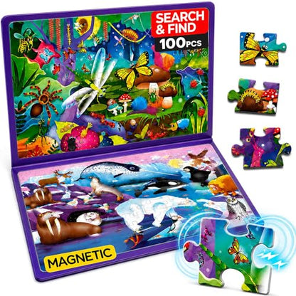 QUOKKA Magnetic Puzzles for Kids Ages 4-6 – 100 PCS Magnetic Puzzle Book for Toddlers 3-5 – 2 Puzzles & 2 Spot The Difference Maps – Search & Find Travel Games – Activity Book Bugs & Polar Animals - color: Bugs 100pcs