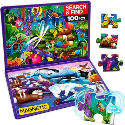 QUOKKA Magnetic Puzzles for Kids Ages 4-6 – 100 PCS Magnetic Puzzle Book for Toddlers 3-5 – 2 Puzzles & 2 Spot The Difference Maps – Search & Find Travel Games – Activity Book Bugs & Polar Animals - color: Bugs 100pcs