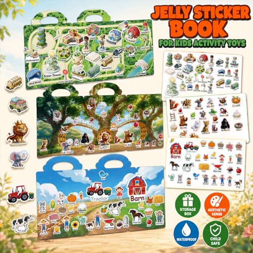 Reusable Jelly Sticker Books for Toddlers 2-4, Kids 3-6, 6 Sets | Farm, Dino, Space, Ocean, City & Forest. Reusable washable jelly stickers — travel activity gift for boys and girls ages 1-6 - style: Dinosaur/Space/City/Ocean/Forest/Farm