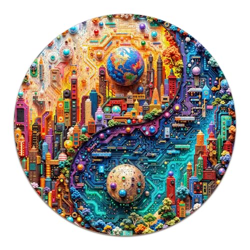 Cyberpunk Puzzles for Adults 1000 Pieces, Neon Sci-Fi Future Art, Aesthetic Nature Balance Game, Difficult Circular Puzzles with Letters on Back, 26.5 x 26.5in - color: Cyberpunk 1