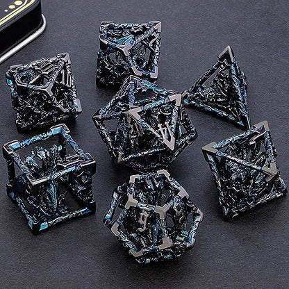 ARUOHHA Hollow DND Dice Set Black Blue Metal Dragons D and D Dice with Gift Box, Role Playing Games 7PCS RPG Dungeons Polyhedral Dice Set D20 D12 D10 D8 D6 D4 - color: Black Blue