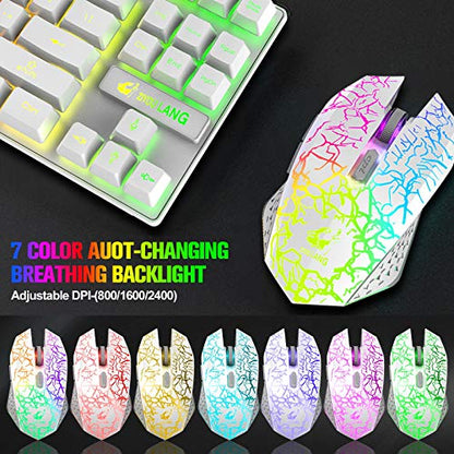 Wireless Membrane Gaming Keyboard and Mouse Set with 87Key Tenkeyless-White | Rainbow LED Backlight,Rechargeable 3800mAh Battery,Anti-ghosting,Ergonomic,Waterproof,RGB Mute Mice for Computer PC Mac Gamer - color: White