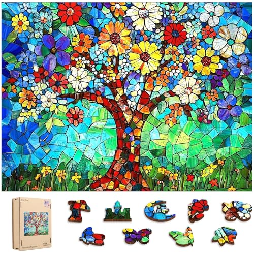 Mocfesk Wooden Puzzles for Adults, Stained Glass Tree of Life Puzzles | 200 Pieces Unique Shaped Flower Jigsaw Puzzles,Birthday Gifts Fun Family Game, Puzzle Lovers & Home Decor 11.8'' x 8.8'' - color: Life Tree, size: Small