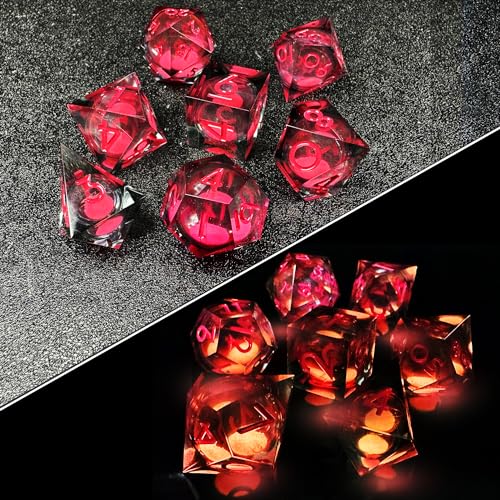 HAOMEJA Glowing Quicksand Resin Dice Set DND 7 Pcs D&D Resin Sharp Edge Role Playing Dice with Dragon Eye Bag, Polyhedral Dungeons and Dragons Dice D20 D12 D10 D100(00-90) D8 D6 D4 (Black & Red) - color: Glowing Red & Black