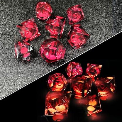 HAOMEJA Glowing Quicksand Resin Dice Set DND 7 Pcs D&D Resin Sharp Edge Role Playing Dice with Dragon Eye Bag, Polyhedral Dungeons and Dragons Dice D20 D12 D10 D100(00-90) D8 D6 D4 (Black & Red) - color: Glowing Red & Black