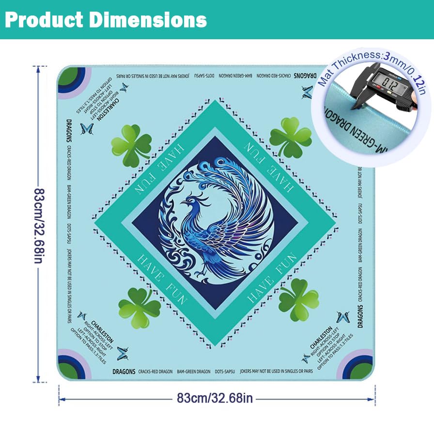 Blue Phoenix Mahjong Mat 32.4" x 32.4" with Rules, Anti-Slip Noise Reduction Design with Carrying Bag, Table Cover for Poker, Board Games, Dominoes and Card Games - color: Blue Phoenix