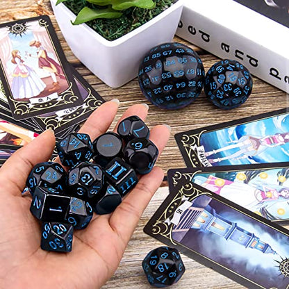 AUSTOR 15 Pieces Complete Polyhedral Dice Set D3-D100 Game Dice Set with a Leather Drawstring Storage Bag for Role Playing Table Games(Black & Blue) - color: Black & Blue