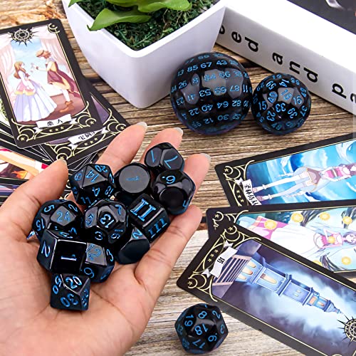AUSTOR 15 Pieces Complete Polyhedral Dice Set D3-D100 Game Dice Set with a Leather Drawstring Storage Bag for Role Playing Table Games(Black & Blue) - color: Black & Blue
