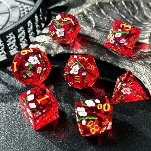 HAOMEJA Resin Flower Dice Set 7pcs/ Sharp Edged Polyhedral Dice/Apply to D&D/DND/RPG-MTG/Role Playing Table Game/Easter/Halloween Party Gift (Red & White Numbers) - color: 7 Red & White Numbers