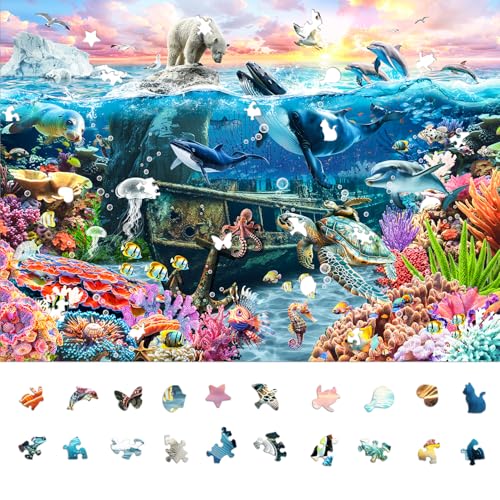 1000 Piece Jigsaw Puzzle for Adults, Underwater Ocean Puzzle | Underwater Ocean Scene with Marine Life, Unique-Shaped Pieces, Color-Coded Back, 26.6 x 19.2 in - color: Two Worlds, One Ocean