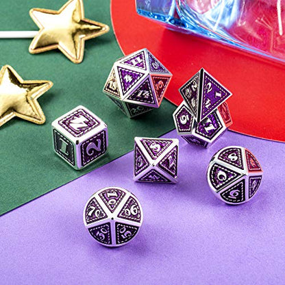 DNDND Metal Dice Set, 7 Pieces Polyhedral Dragon Scale Metallic Die with Gift Metal Case for Dungeons & Dragons D&D (Purple with Silver Edge) - color: Purple With Silver Edge