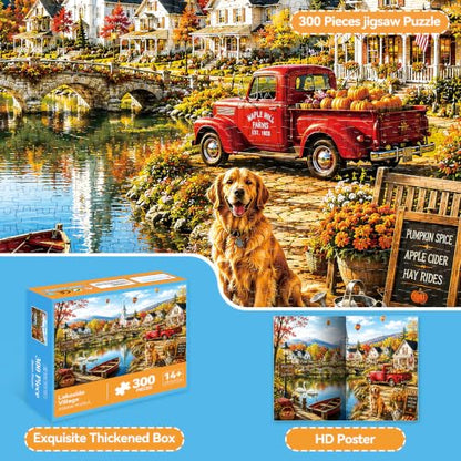300 Piece Jigsaw Puzzle for Kids & Adults - European Village Puzzle with Lake, Colorful Houses, Bridge & Autumn Landscape, for Boys Girls Ages 8+, 20.5 x 15 in - color: European