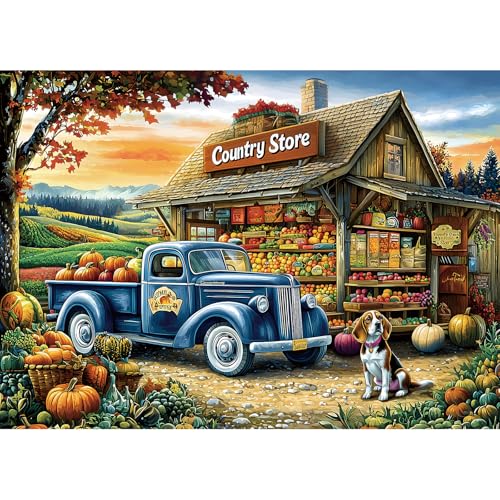Puzzles for Adults 1000 Pieces, Vintage Country Store Fall Puzzles | Pumpkins Fruits and Vegetables with Truck Rustic Jigsaw Puzzle Adults 1000 Pieces with Letter Challenging Game, 27.5x19.7 In - color: Colorful - Country Store