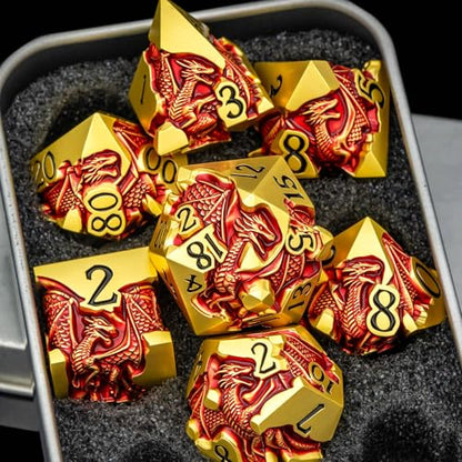 Roycevon Relief Dragon DND Dice Set for Role Playing Game, 7Pcs Metal D&D Dice Set Dungeons Dragons with Gift Box, Polyhedral D and D Dice D20 D12 D10 D8 D6 D4, Red and Black - color: Red and Black