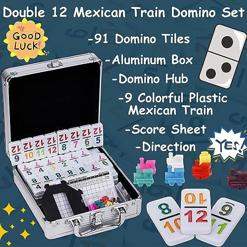 Doublefan Mexican Train Dominoes with Color Numbers,Double 12 Numerical Domino Game, Chicken Foot Dominoes Set with Aluminum Case, 91 Tiles Dominoï¼ˆ2-10 Player | For 2-8 players, 91 Number recessed mark tiles, Deluxe aluminum case, Chicken Foot play,boar