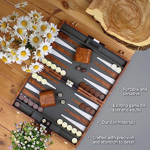 Large Backgammon Sets for Adults - Classic Board Games for 2 Players Adults and Kids - Premium Backgammon Set 15 inch Board and 32 Backgammon Pieces in Quality PU Leather Case - Gift for Man - style: Premium Brown